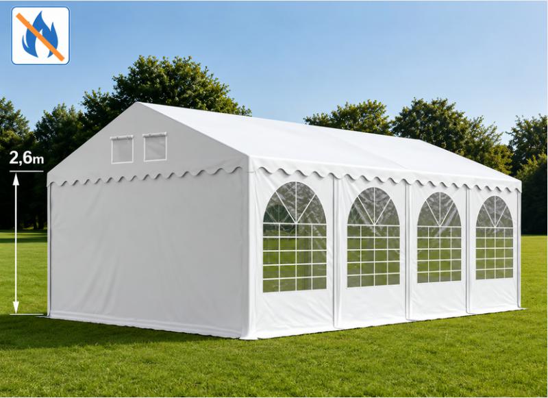 Professzionális extra erős, lángálló rendezvénysátor 6 × 8 m, 48 m², fehér PVC ponyvával, 2,6 m oldalmagassággal, Ø 50 mm-es erősített horganyzott acélvázzal és padlókerettel