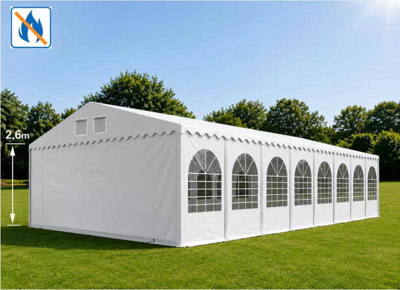 Professzionális extra erős, lángálló rendezvénysátor 7 × 30 m, 210 m², fehér PVC ponyvával, 2,6 m oldalmagassággal, Ø 50 mm-es erősített horganyzott acélvázzal és padlókerettel