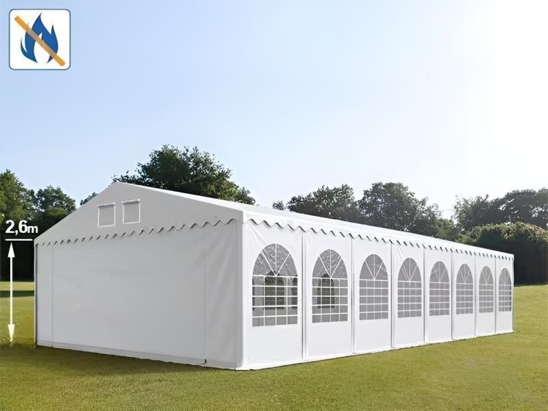 Professzionális extra erős parti rendezvénysátor 8x20 m, ponyva lángálló PVC oldalmagasság  +2,6 m erősített szerkezettel fehér