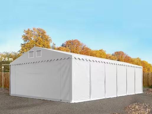 Professzionális  extra erős raktársátor 8x12 m, ponyva PVC  oldalmagasság +2,6m  erősített szerkezettel padlókerettel (96m2) fehér