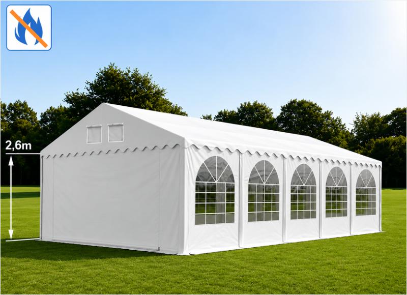 Professzionális extra erős rendezvény- és fesztiválsátor 5 × 10 m, 50 m², lángálló PVC ponyvával, 2,60 m oldalmagassággal, megerősített horganyzott acélszerkezettel és padlókerettel – fehér
