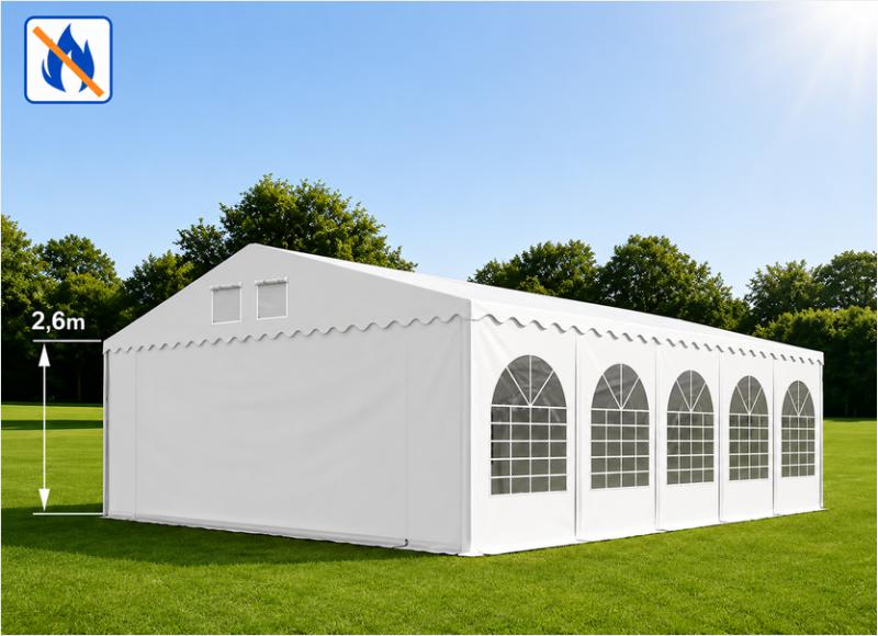 Professzionális extra erős rendezvény- és fesztiválsátor 7 × 10 m, 70 m², lángálló PVC ponyvával, 2,60 m oldalmagassággal, megerősített horganyzott acélszerkezettel és padlókerettel – fehér
