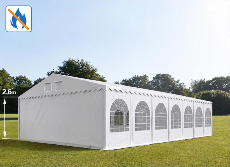 Professzionális extra erős rendezvény- és fesztiválsátor 7 × 14 m, 98 m², lángálló PVC ponyvával, 2,60 m oldalmagassággal, megerősített horganyzott acélszerkezettel és padlókerettel – fehér