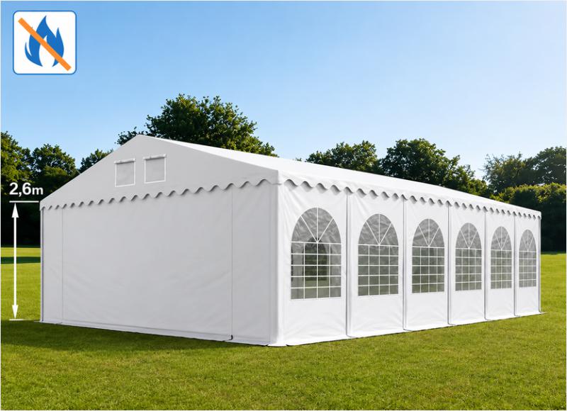 Professzionális extra erős rendezvény- és fesztiválsátor 8 × 12 m, 96 m², lángálló PVC ponyvával, 2,60 m oldalmagassággal, megerősített horganyzott acélszerkezettel és padlókerettel – fehér