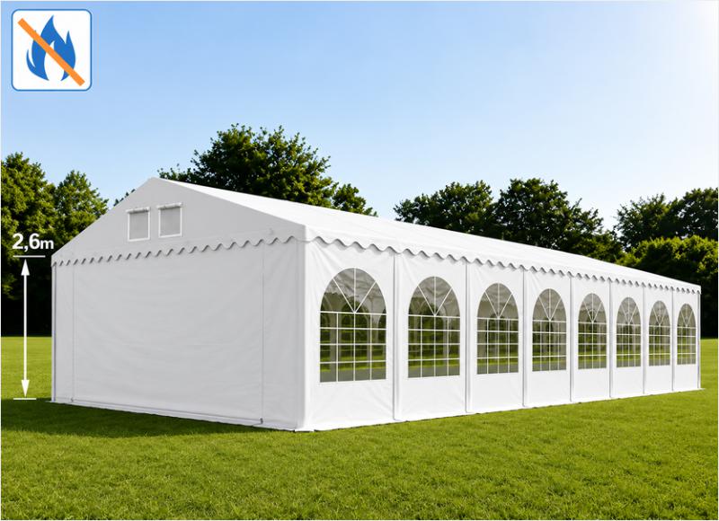 Professzionális extra erős rendezvény- és fesztiválsátor 8 × 16 m, 128 m², lángálló PVC ponyvával, 2,60 m oldalmagassággal, megerősített horganyzott acélszerkezettel és padlókerettel – fehér