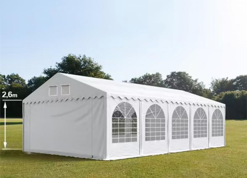 Professzionális extra erős rendezvény- és partisátor 5 × 10 m, 50 m², PVC ponyvával, 2,60 m oldalmagassággal, Ø 50 mm-es megerősített horganyzott acélszerkezettel és padlókerettel – fehér