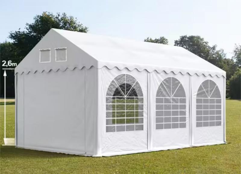 Professzionális extra erős rendezvénysátor 4 × 6 m, 24 m², fehér PVC ponyvával, 2,6 m oldalmagassággal, Ø 50 mm-es erősített horganyzott acélvázzal és padlókerettel