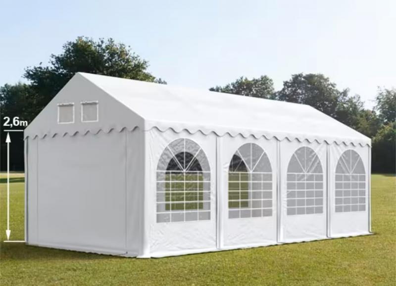 Professzionális extra erős rendezvénysátor 4 × 8 m, 32 m², fehér PVC ponyvával, 2,6 m oldalmagassággal, Ø 50 mm-es erősített horganyzott acélvázzal és padlókerettel
