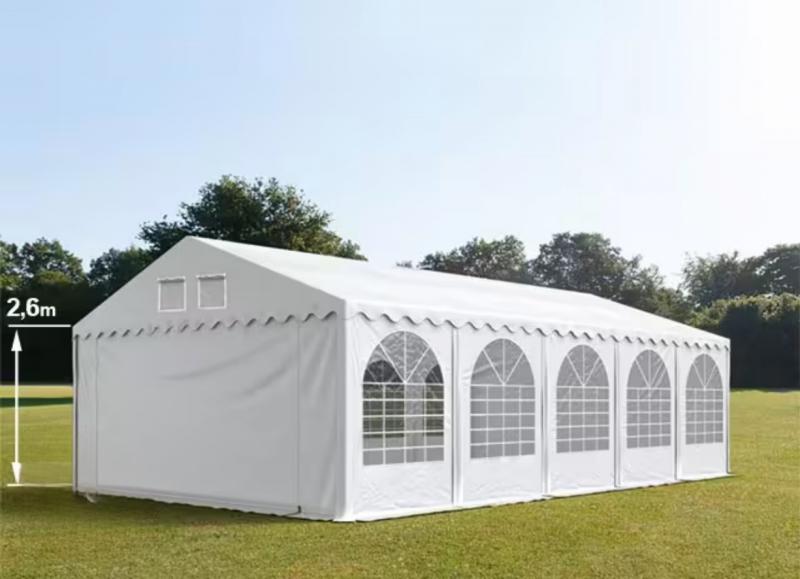 Professzionális extra erős rendezvénysátor 6 × 10 m, 60 m², fehér PVC ponyvával, 2,6 m oldalmagassággal, Ø 50 mm-es erősített horganyzott acélvázzal és padlókerettel