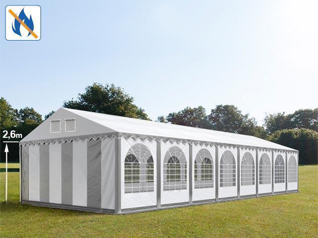 Professzionális extra erős rendezvénysátor 6x28 m ponyva lángálló PVC szürke-fehér oldalmagasság + 2,6m, erősített szerkezettel
