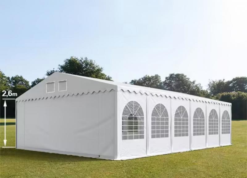 Professzionális extra erős rendezvénysátor 8 × 12 m, 96 m², fehér PVC ponyvával, 2,6 m oldalmagassággal, Ø 50 mm-es erősített horganyzott acélvázzal és padlókerettel
