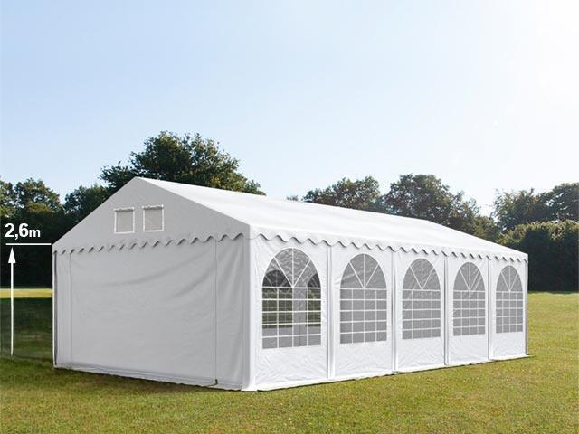 Professzionális extra erős rendezvénysátor parti sátor 5x10 m, ponyva PVC fehér oldalmagasság +2,6 m  erősített szerkezet padlókerettel acélcső Ø 50mm