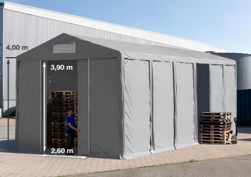 Professzionális ipari raktársátor 6 × 12 m – 72 m², 4,00 m oldalmagassággal, tolókapuval, erős szürke PVC ponyvával és extra megerősített horganyzott acélszerkezettel