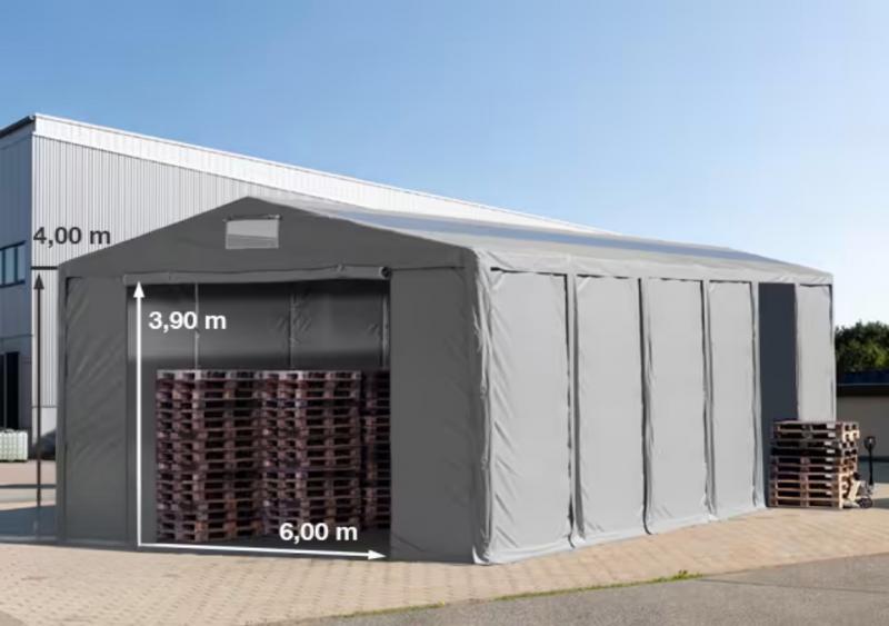 Professzionális ipari raktársátor 8 × 12 m – 96 m², 4,00 m oldalmagassággal, két standard kapuval, tetőablakokkal, erős szürke PVC ponyvával és extra megerősített horganyzott acélszerkezettel