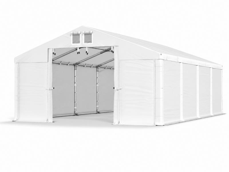 Professzionális  ipari raktársátor 8 × 8 m – 64 m², 560 g/m² PVC fehér   ponyvával, két nagyméretű bejárattal és megerősített horganyzott acélszerkezettel