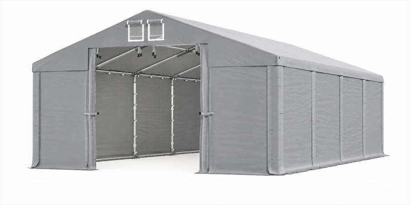 Professzionális  ipari raktársátor 8 × 8 m – 64 m², 560 g/m² PVC szürke  ponyvával, két nagyméretű bejárattal és megerősített horganyzott acélszerkezettel