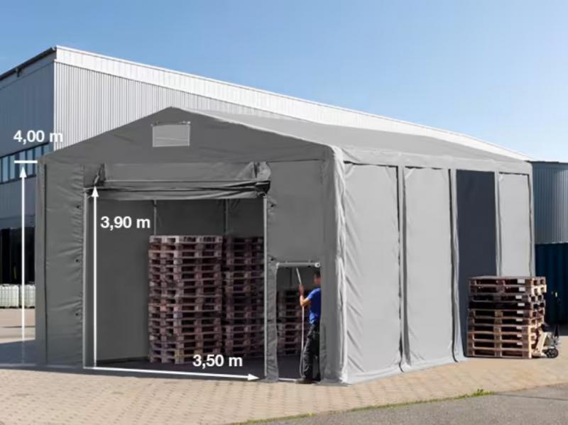 Professzionális ipari raktársátor, tárolósátor 8 × 8 m – 64 m², 4,00 m oldalmagassággal, felhúzható kapuval, erős szürke PVC ponyvával és extra megerősített horganyzott acélszerkezettel