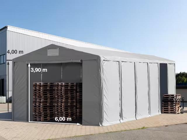 Professzionális ipari sátor 8x12m raktársátor 4,00m oldalmagasság standard bejárat ponyva PVC szürke