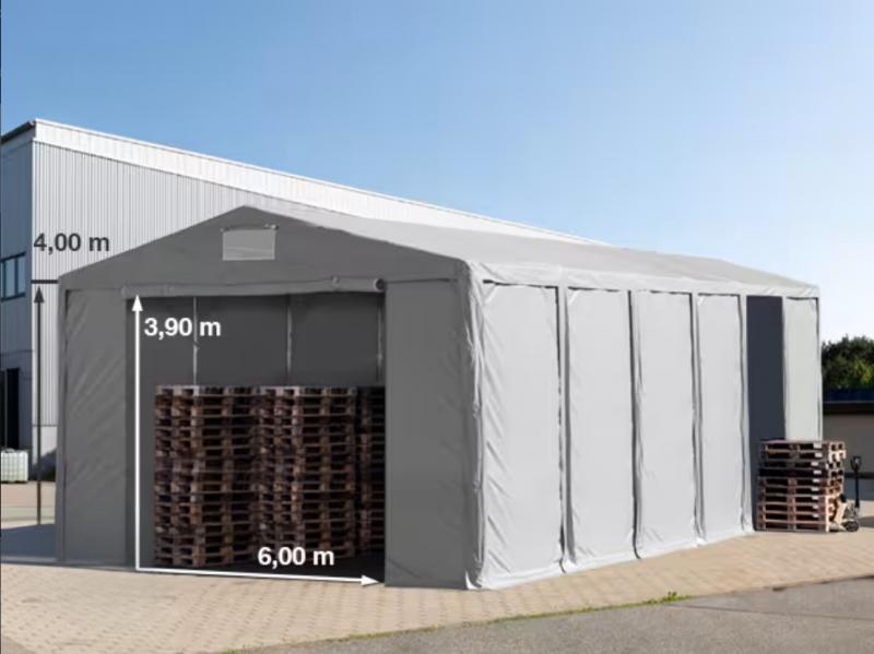 Professzionális ipari sátor raktársátor 8 × 12 m, 96 m² alapterülettel, 4,00 m oldalmagassággal, két standard cipzáras bejárattal, szürke PVC ponyvával