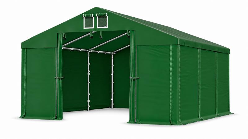 Professzionális ipari tárolósátor 4 × 6 m, 24 m², 2,00 m oldalmagassággal, 560 g/m² vízálló PVC ponyvával és horganyzott acélvázzal zöld
