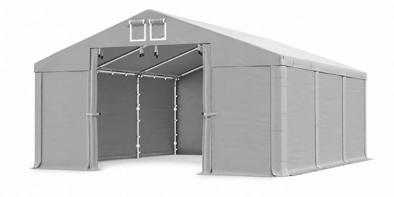 Professzionális ipari tárolósátor 4 × 6 m, 24 m², 2,00 m oldalmagassággal, 560 g/m² vízálló szürke PVC ponyvával és horganyzott acélvázzal