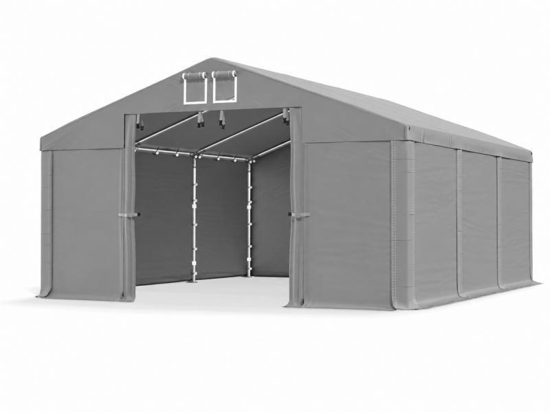Professzionális ipari tárolósátor 4 × 6 m, 24 m², 2,00 m oldalmagassággal, vízálló szürke PVC 560 g/m² ponyvával és horganyzott acélvázzal