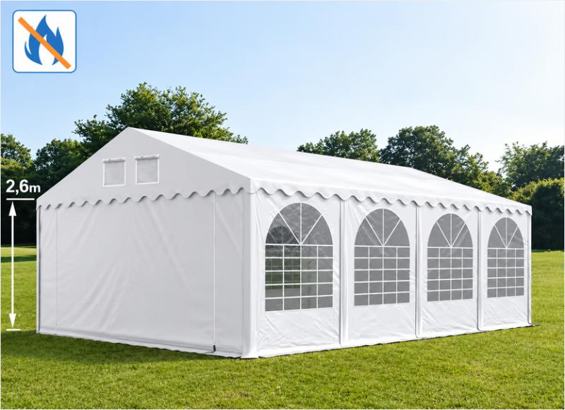 Professzionális lángálló rendezvénysátor 5 × 8 m, 40 m², fehér PVC ponyvával, 2,6 m oldalfalmagassággal, Ø 50 mm-es erősített horganyzott acélvázzal és padlókerettel