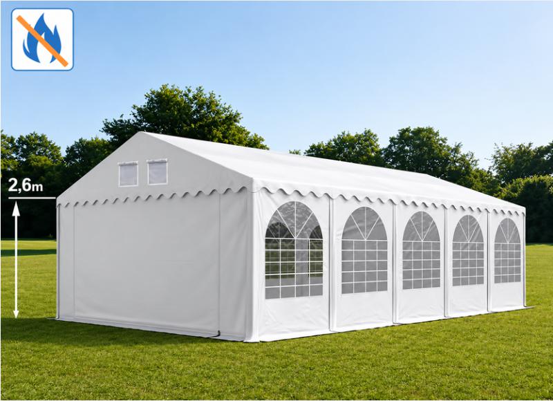 Professzionális lángálló rendezvénysátor 6 × 10 m, 60 m², fehér PVC ponyvával, 2,6 m oldalmagassággal, Ø 50 mm-es erősített horganyzott acélvázzal és padlókerettel