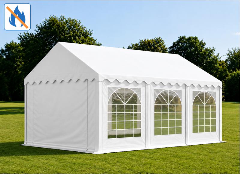 Professzionális lángálló rendezvénysátor, partisátor 4 × 6 m, 24 m², fehér PVC ponyvával,  teljesen horganyzott acélszerkezettel