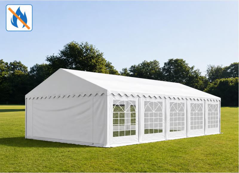 Professzionális lángálló rendezvénysátor, partisátor 5 × 10 m, 50 m², PVC fehér ponyvával, teljesen horganyzott acélszerkezettel