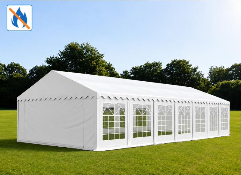 Professzionális lángálló rendezvénysátor, partisátor 6 × 14 m, 84 m², extra erős fehér PVC ponyvával,  teljesen horganyzott acélszerkezettel