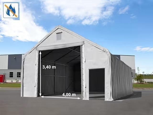 Professzionális ponyva csarnok raktársátor 8x12 m  kapu 4x3,4 m ponyva lángálló PVC  szürke statikai csomaggal