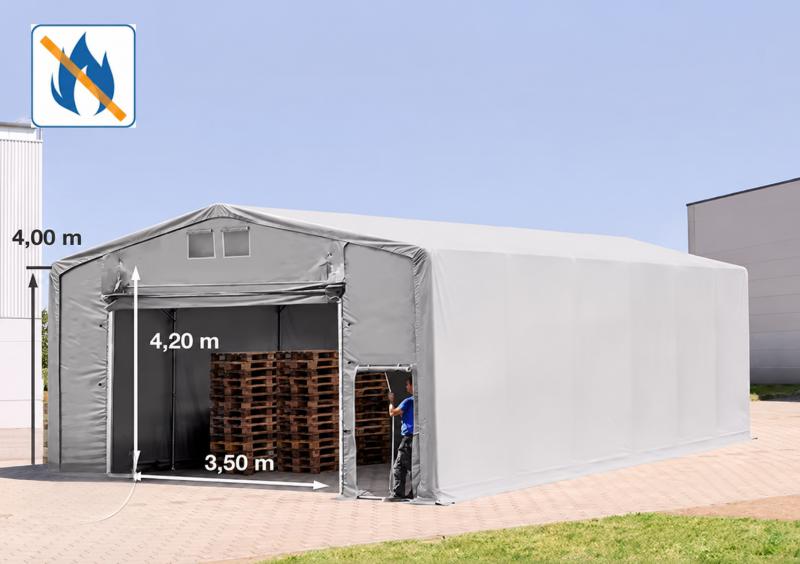 Professzionális ponyvacsarnok, ipari raktársátor 8 × 12 m – 96 m², 4,00 m oldalmagassággal, felhúzható kapuval, lángálló PRIMEtex PVC ponyvával és extra megerősített horganyzott acélszerkezettel