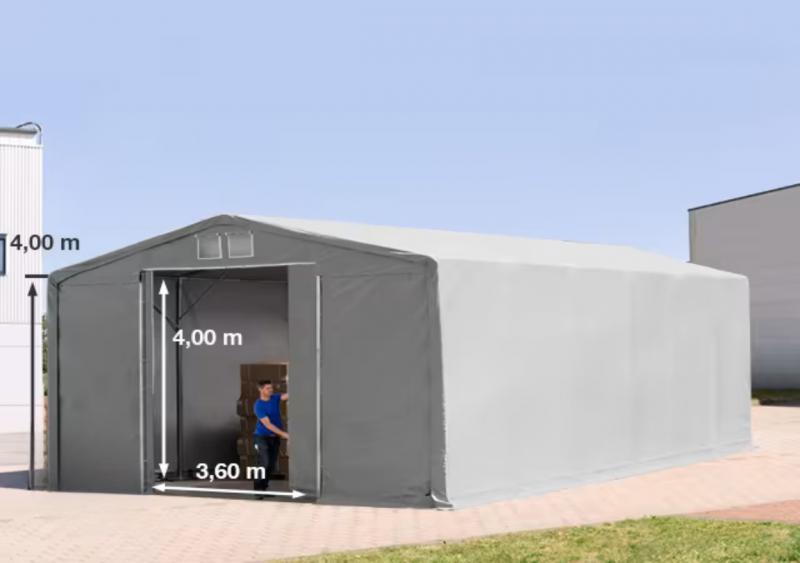 Professzionális ponyvacsarnok, ipari raktársátor 8 × 12 m – 96 m², 4,00 m oldalmagassággal, tolókapuval, erős szürke PVC ponyvával és megerősített horganyzott acélszerkezettel
