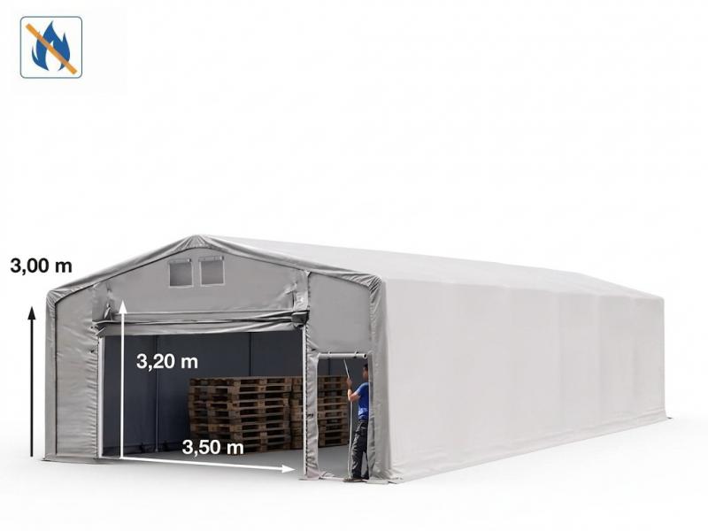 Professzionális ponyvacsarnok, ipari tárolósátor 8×12 m, 96 m², 3,00 m oldalmagassággal, lángálló PRIMEtex PVC ponyvával, felhúzható kapuval, személybejáróval,  horganyzott acélvázzal – szürke