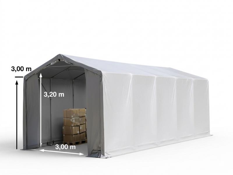 Professzionális ponyvacsarnok raktársátor 4×12 m, 48 m², 3,00 m oldalmagassággal, két cipzáras kapuval, PVC ponyvával és teljesen horganyzott acélvázzal – szürke