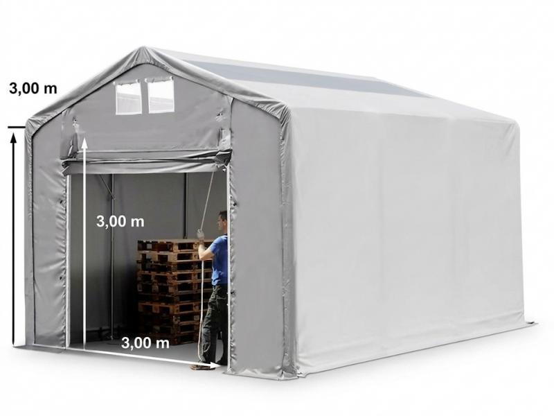 Professzionális ponyvacsarnok raktársátor 4×6 m, 24 m², 3,00 m oldalmagassággal, felhúzható kapuval, tetőablakkal, PVC ponyvával és teljesen horganyzott acélvázzal – szürke