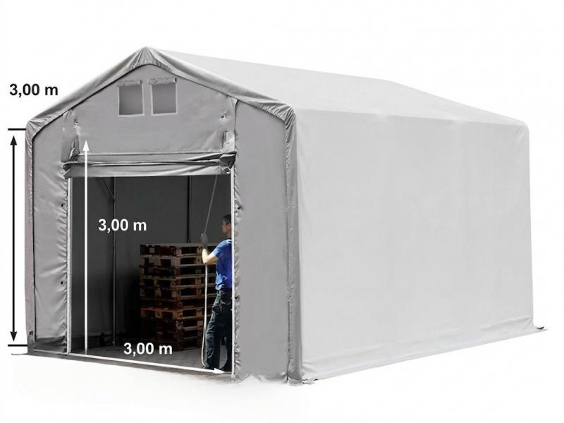 Professzionális ponyvacsarnok raktársátor 4×6 m, 24 m², 3,00 m oldalmagassággal, lángálló PRIMEtex PVC ponyvával, felhúzható kapuval és teljesen horganyzott acélvázzal – szürke