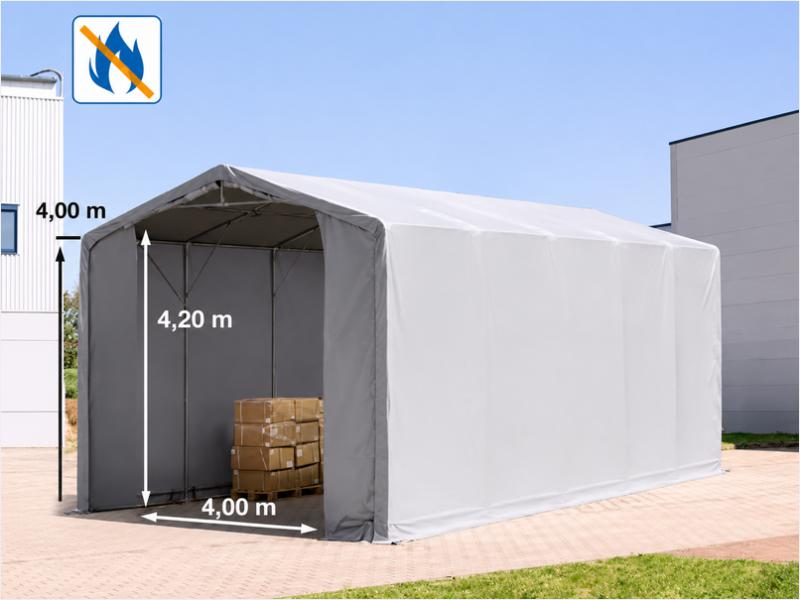 Professzionális ponyvacsarnok raktársátor 5 × 10 m, 50 m² alapterülettel, 4,00 m oldalmagassággal, két standard cipzáras bejárattal szürke, lángálló PRIMEtex ponyvával