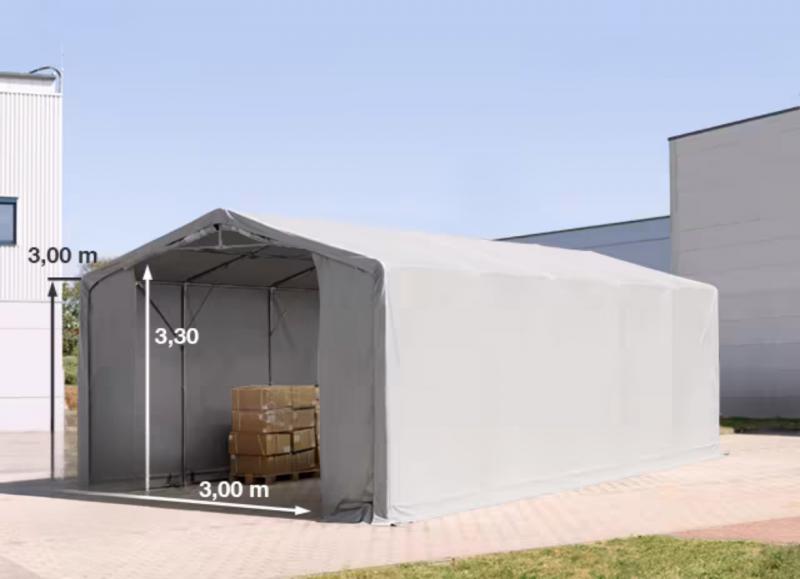 Professzionális ponyvacsarnok raktársátor 5×10 m, 50 m², 3,00 m oldalmagassággal, lángálló PVC ponyvával, két cipzáras kapuval és teljesen horganyzott acélvázzal – szürke
