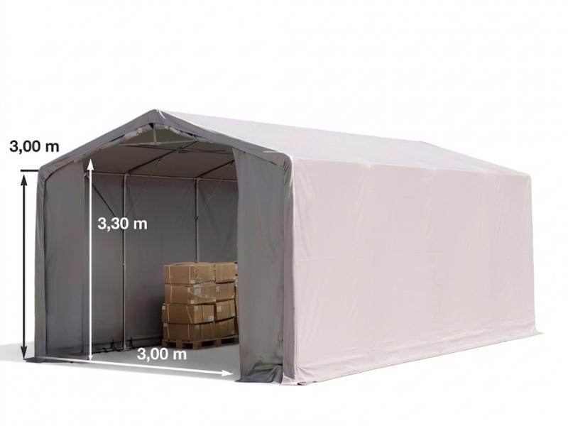 Professzionális ponyvacsarnok raktársátor 5×8 m, 40 m², 3,00 m oldalmagassággal, két cipzáras kapuval, PVC ponyvával és teljesen horganyzott acélvázzal – szürke