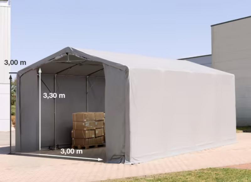 Professzionális ponyvacsarnok raktársátor 5×8 m, 40 m², 3,00 m oldalmagassággal, lángálló PRIMEtex PVC ponyvával, két cipzáras kapuval és teljesen horganyzott acélvázzal – szürke
