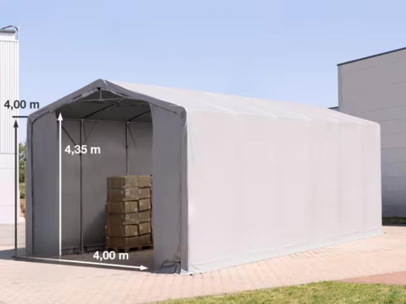 Professzionális ponyvacsarnok raktársátor 6 × 12 m, 72 m² alapterülettel, 4,00 m oldalmagassággal, két cipzáras bejárattal, szürke PVC ponyvával