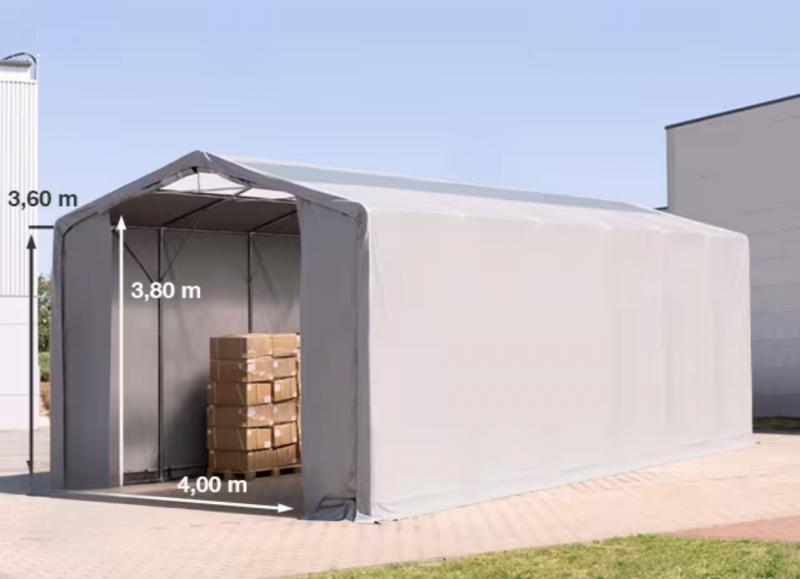 Professzionális ponyvacsarnok raktársátor 6×12 m, 72 m², 3,60 m oldalmagassággal, cipzáras kapuval, tetőablakkal, PVC ponyvával és teljesen horganyzott acélvázzal – szürke