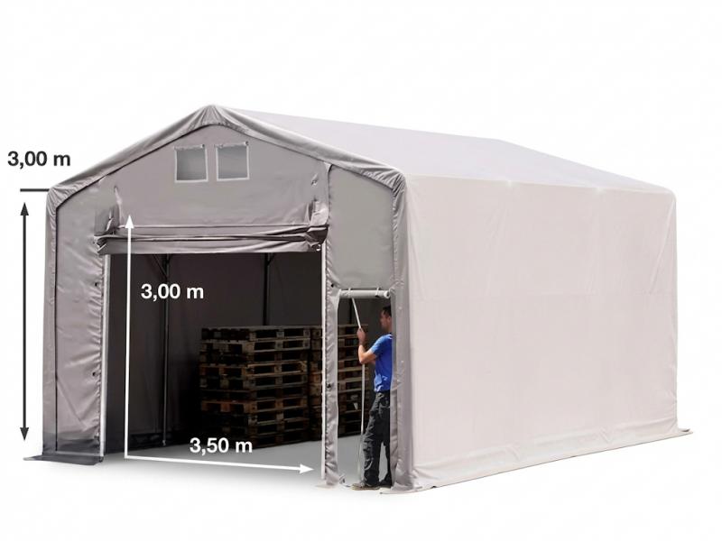 Professzionális ponyvacsarnok raktársátor 6×6 m, 36 m², 3,00 m oldalmagassággal, felhúzható kapuval, személybejáróval, PVC ponyvával és teljesen horganyzott acélvázzal – szürke