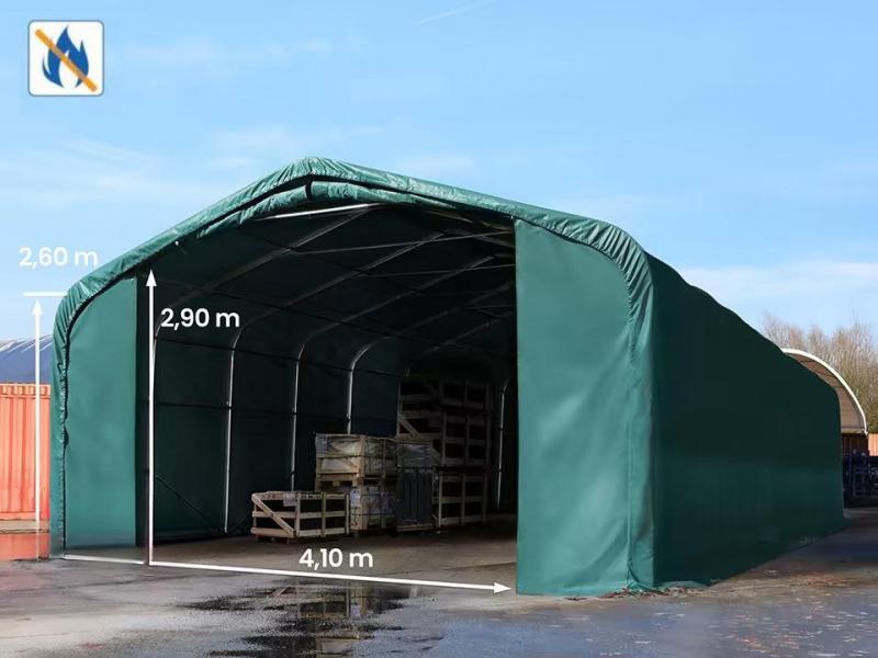 Professzionális ponyvacsarnok raktársátor  6x12m  bejárat 4,1x2,9 m ponyva lángálló PVC zöld