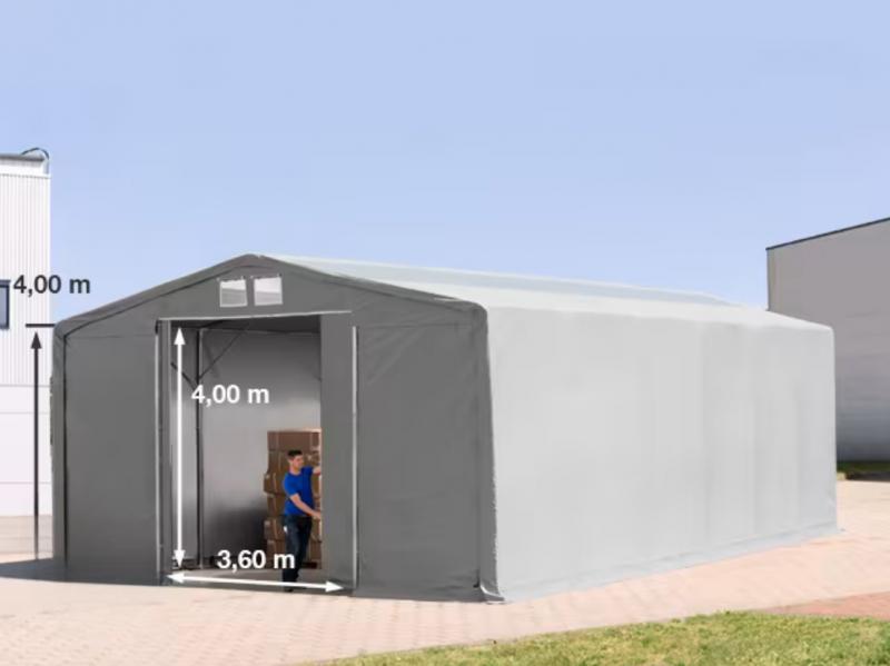 Professzionális ponyvacsarnok, raktársátor 8 × 12 m, 96 m² alapterülettel, 4,00 m oldalmagassággal, tolókapuval, cipzáras bejárattal, tetőablakkal szürke, lángálló PRIMEtex ponyvával