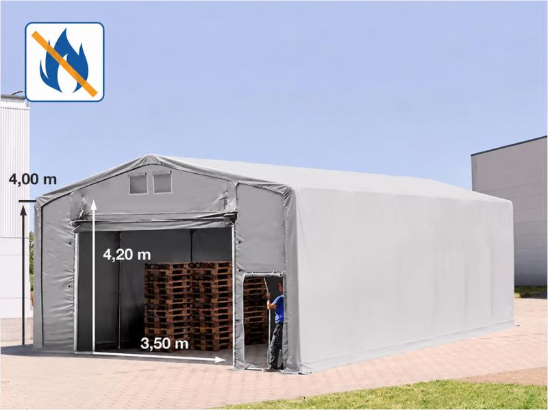 Professzionális ponyvacsarnok raktársátor 8 × 16 m, 128 m² alapterülettel, 4,00 m oldalmagassággal, felhúzható kapuval, cipzáras személyi bejárattal szürke, lángálló PRIMEtex ponyvával