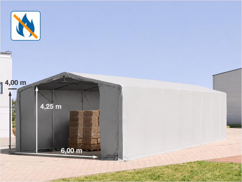 Professzionális ponyvacsarnok, raktársátor 8 × 16 m, 128 m² alapterülettel, 4,00 m oldalmagassággal, standard cipzáras bejárattal, szürke, lángálló PRIMEtex ponyvával