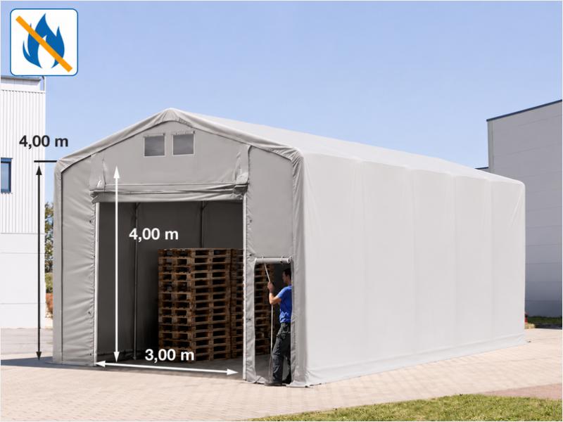 Professzionális ponyvacsarnok, raktársátor ipari sátor 5 × 10 m, 50 m² alapterülettel, 4,00 m oldalmagassággal, felhúzható kapuval, személyi bejárattal  szürke, lángálló PRIMEtex ponyvával
